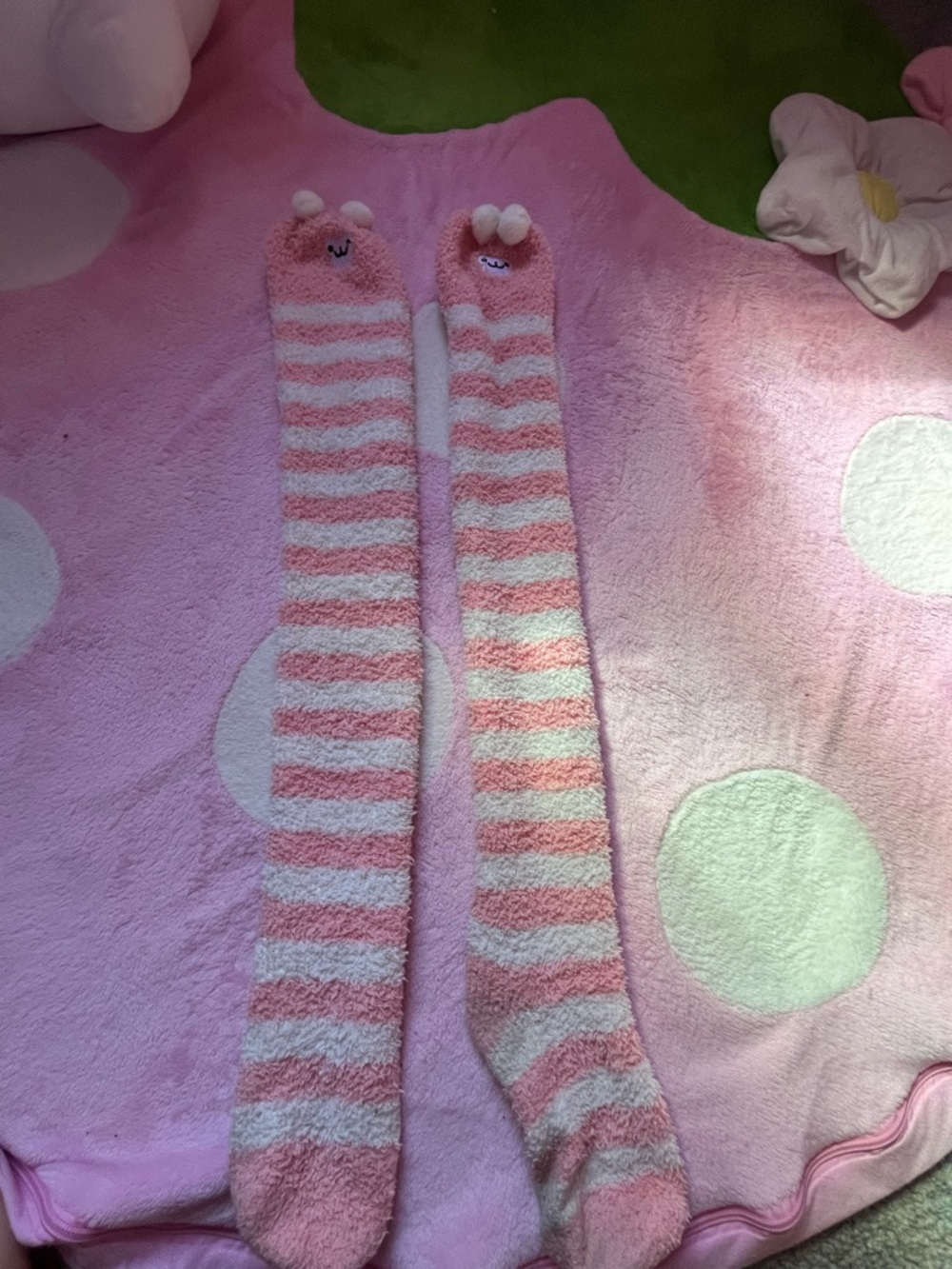 Cozy Fuzzy Pink & White Striped Knee-High Socks with Bunny Accent